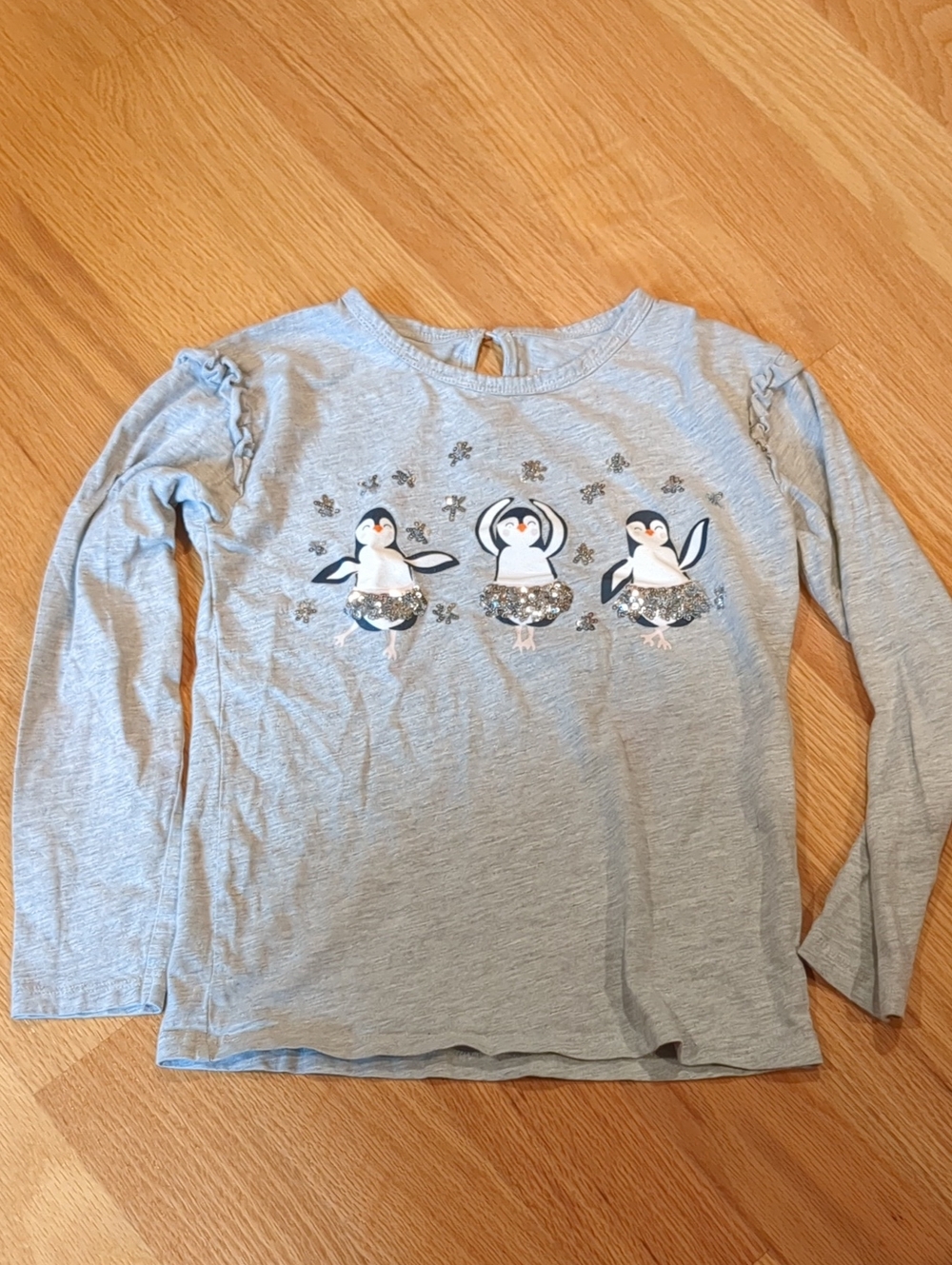 Girls' Organic Cotton Light Gray Penguin Sequin Long-Sleeve Top